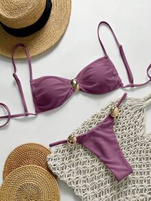 Swim Chiccia 两件套女士夏季度假沙滩装，金属色纯色吊带抹胸上衣和丁字裤比基尼套装，纯色比基尼聚拢文胸泳衣，聚拢比基尼，半罩杯比基尼，聚拢泳衣，无肩带比基尼，紫色比基尼，抹胸比基尼 - 中紫紅色 - 查看 3