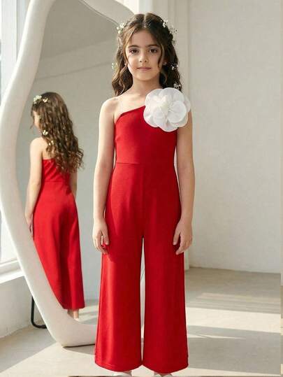 SHEIN Young Girl Casual Elegant Red Asymmetrical Shoulder Form-Fitting Minimalist 3D Floral Decor Jumpsuit, Suitable For Parties, Gatherings, Weddings, Spring/Summer