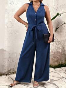 EMERY ROSE 优雅夏季通勤连体裤，适合大码女性，包括大码牛仔连体裤、蓝色牛仔连体裤、无袖连体裤、度假连体裤、宝蓝色连体裤、系带连体裤等。 - 藍色 - 查看 4