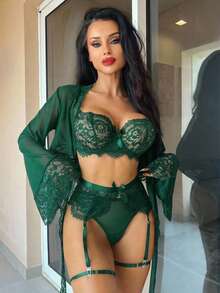 SHEIN Mature, Elegant Gothic Style Slouchy Lace Splice Mesh Blouse + G-String + Garter Belt + 2 Leg Rings + Long Lace Tie Robe, 6-Piece Sexy Lingerie Set For Women - Dark Green - View 4