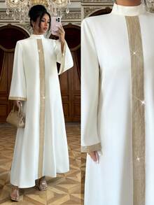 Elenzga Apricot Stand Collar Embroidered Lace Trim Slit Loose Lantern Sleeve Dress,Modest White And Gold Al-Adha Holiday Dinner Autumn Elegant Party Dress - Apricot - View 1