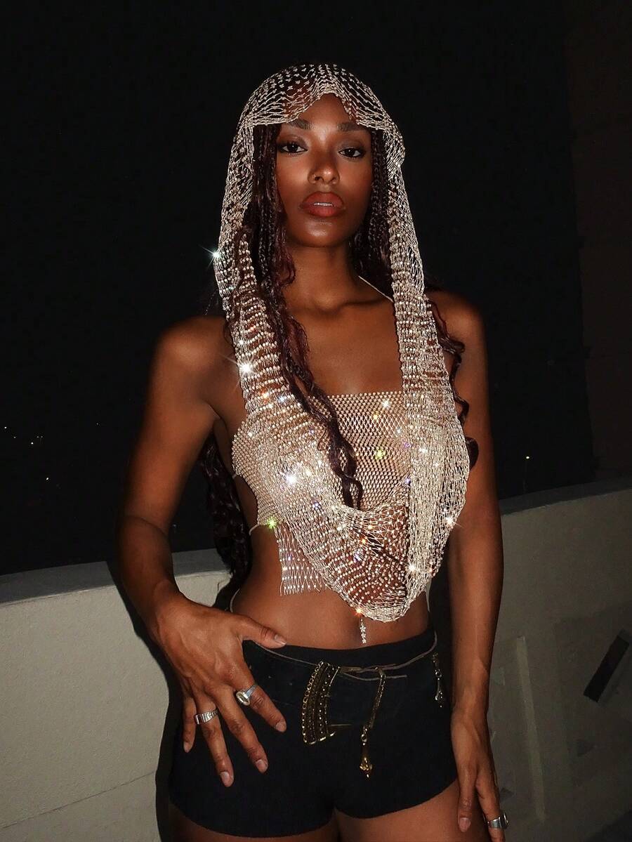 EgrlEra Women's Sexy Sheer Glitter Party Top, Suitable For Bar, Party, Club - Champagne - View 1