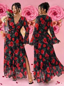 Elenzga Đầm Valentine cỡ lớn dành cho nữ, thanh lịch, cổ chữ V, hai lớp, tay bồng, xẻ cao, họa tiết hoa hồng, thích hợp cho buổi hẹn hò lãng mạn ngày Valentine. - Nhiều màu - Xem 1