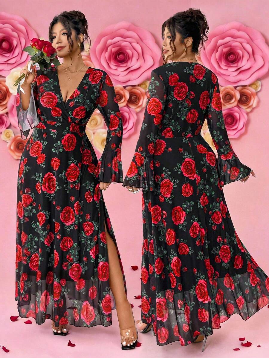 Elenzga Đầm Valentine cỡ lớn dành cho nữ, thanh lịch, cổ chữ V, hai lớp, tay bồng, xẻ cao, họa tiết hoa hồng, thích hợp cho buổi hẹn hò lãng mạn ngày Valentine. - Nhiều màu - Xem 1