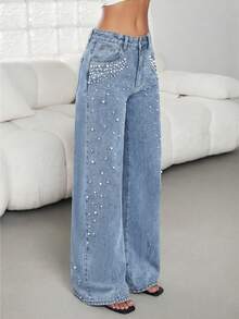 Jeanoix 女士时尚休闲宽松直筒水钻水洗牛仔裤 - 淺色水洗藍 - 查看 3