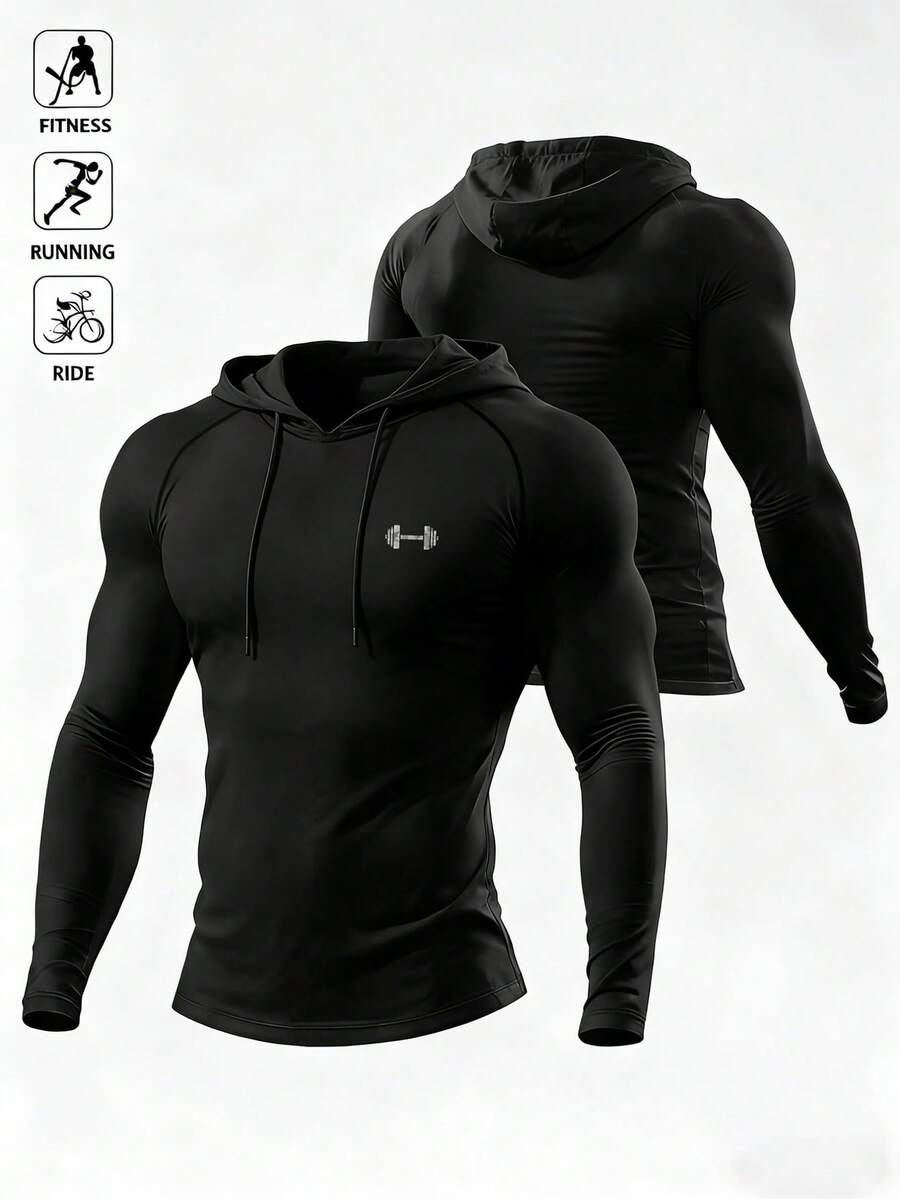 Manfinity Acti Log 男士插肩袖连帽抽绳休闲运动卫衣 - 黑色 - 查看 1