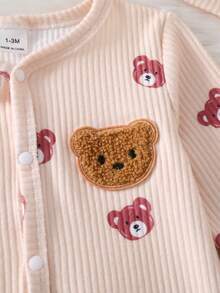 Newborn Beige Bear Pattern Long Sleeve Jumpsuit With Hat Set - Khaki - View 5