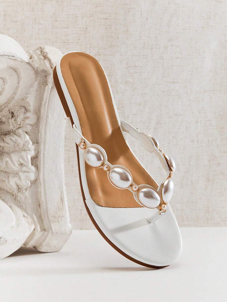SHUZIA Giày sandal đế bằng thoải mái, thời trang nữ, đính đá quý - Phong cách Punk cá tính, sành điệu & - trắng - Xem 1