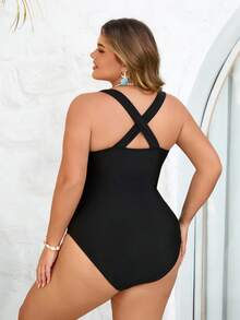 SHEIN CURVE+ 大码女士黑色交叉露背带连体泳衣，适合海滩穿着 - 彩色 - 查看 2