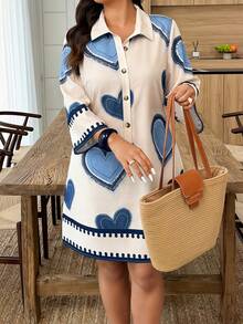 SHEIN LUNE Plus Size Heart Print Button Casual Versatile Collared Dress Fall - Multicolor - View 4