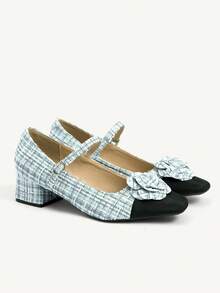 CUCCOO CHICEST 女士优雅高跟鞋，撞色设计，3D立体花卉装饰，格子拼接，搭扣设计 - 淺藍色 - 查看 8