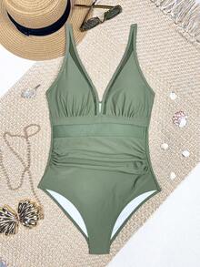 SHEIN Swim Áo tắm liền thân cổ chữ V sâu, phối lưới, xếp nếp, thích hợp cho kỳ nghỉ hè trên bãi biển. - xanh quân đội - Xem 3