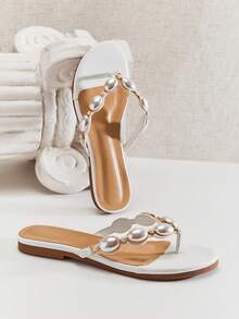 SHUZIA Giày sandal đế bằng thoải mái, thời trang nữ, đính đá quý - Phong cách Punk cá tính, sành điệu & - trắng - Xem 7