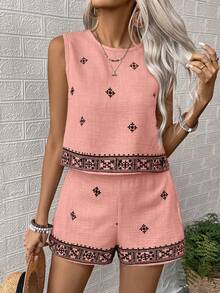 EMERY ROSE Graphic Print Round Neck Tank Top And Shorts Casual Vacation 2 Pieces Set - Pink - View 5