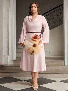 ZEYLAH 优雅的摇领印花喇叭袖连衣裙 - 粉色 - 查看 5