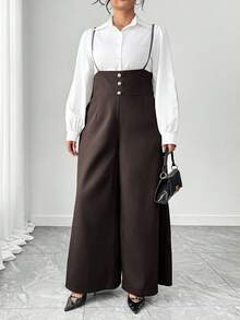 Elenzga 女士优雅新款斜纹高腰侧拉链可调节肩带休闲阔腿连体裤，适合通勤和日常穿着 - 咖啡棕 - 查看 7