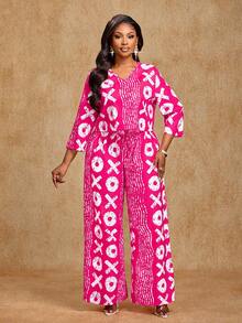 Brilight Spring/Summer Casual Vacation Loose Printed Top And Loose Trousers Two Pieces Set - Simple And Relaxed Summer Two Pieces Set - Hot Pink - View 5