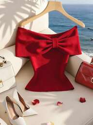 SHEIN Franclia Top rouge pour femme, nœud papillon, design épaules dénudées avec un sens du style, décontracté pour les vacances, Top ludique inspiré du Y2K, pour les sorties et les fêtes. Été, rassemblements et fêtes de la Saint-Valentin, Top unicolore rouge simple pour femme, tenue d'invitée de mariage, fête/anniversaire pour femme, élégant