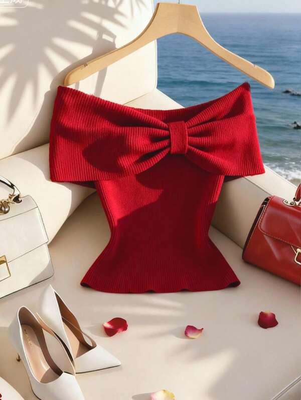 SHEIN Franclia Lady's Red Top, Bow-Tie, Off Shoulder Design With A Sense Of Style, Casual Holiday, Y2K-Inspired Playful Top, Date/Party. Summer, Valentine's Day Gatherings And Parties, Simple Women's Red Solid-Colored Top, Wedding Guest Attire, Women's Party/Birthday, Elegant