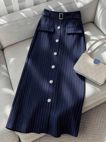 GlowEve CURVE Plus Size Women's New Elegant Versatile Casual Commute Simple Striped A-Line Skirt, Spring/Summer