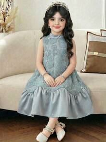 SHEIN Đầm không tay dáng suông, họa tiết hoa 3D và nơ bằng vải lưới dệt cho bé gái. - Màu xanh lam - Xem 5