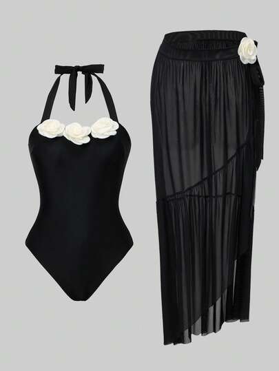 Swim Oasis 2件套撞色白色3D立体花卉沙滩连衣裙（女款）