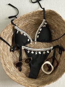 Swim Mod Women's Vacation Patchwork Crochet Strap Shell Decor Textured Fabric Tie Front Bikini Set For Summer - Black - View 3