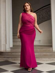 ZEYLAH Sleeveless Contrast Color Knit Patchwork Maxi Fish Tail Dress, Party Wear - Hot Pink - View 5