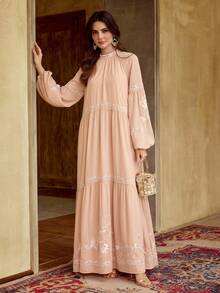 ZEYLAH Elegant Embroidered Long Sleeve Dress, Spring/Summer - Coral Pink - View 4