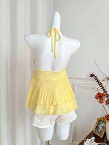 Sweetra 女士蕾丝纹理吊带扭结背心，性感简约，百搭，适合日常、休闲、工作、约会、春夏穿着。 - 黃色 - 查看 2