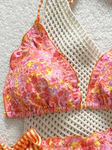 Swim Mod 女士印花露背系带荷叶边两件套泳衣，夏季海滩度假装 - 彩色 - 查看 4