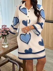 SHEIN LUNE Plus Size Heart Print Button Casual Versatile Collared Dress Fall - Multicolor - View 3