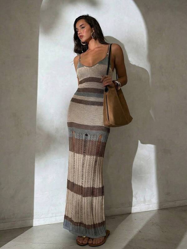 Aloruh Women's New Beach Dress Knitted Striped Dress, Women's Beach Dress, Women's Cover-Up Dress, Sexy & Elegant V-Neck Dress Women's Beach Dress Beach Cover Up Women's Beach Vacation Outfit  Beach Outfits For Women Women's Beach Cover-Up Elegant Dress Women