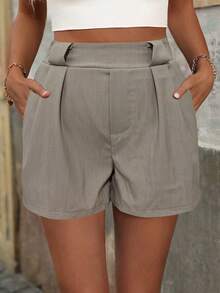SHEIN LUNE Women's Summer High Waist Pleated Pocket Loose Casual Shorts, Khaki - Khaki - View 1