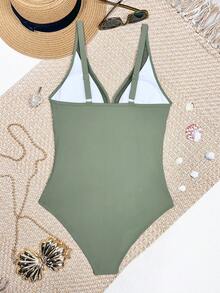 SHEIN Swim Áo tắm liền thân cổ chữ V sâu, phối lưới, xếp nếp, thích hợp cho kỳ nghỉ hè trên bãi biển. - xanh quân đội - Xem 2