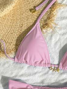 Bonvoyette 比基尼沙滩装春夏时尚度假休闲纯色海星装饰性感比基尼套装 - 粉色 - 查看 5