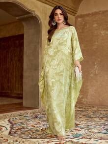 ZEYLAH Elegant Jacquard Flare Sleeve Loose Dress, Vacation Style, Spring/Autumn - Green - View 4