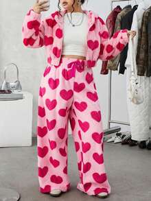 Comfortcana Plus Size Heart Print Hooded Jacket, Casual For Spring/Autumn,Fall Clothes For Women Winter - Pink - View 1