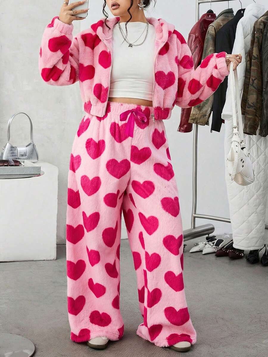 Comfortcana Plus Size Heart Print Hooded Jacket, Casual For Spring/Autumn,Fall Clothes For Women Winter - Pink - View 1