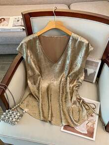 GlowEve CURVE 大码女士优雅高端玫瑰金V领休闲抽绳修身衬衫，春夏款 - 杏色 - 查看 1