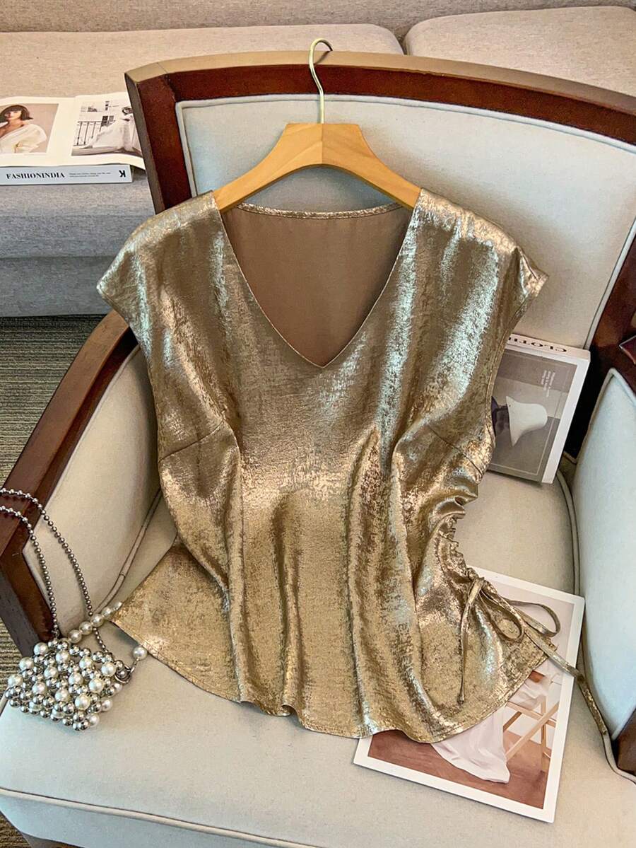 GlowEve CURVE 大码女士优雅高端玫瑰金V领休闲抽绳修身衬衫，春夏款 - 杏色 - 查看 1