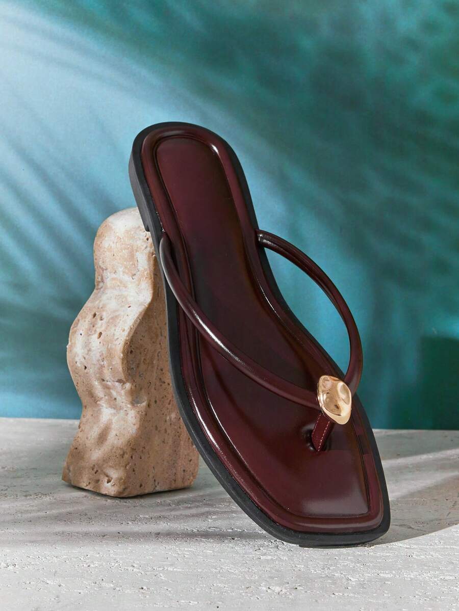 SHUZIA #QuietLuxury Women's Square Toe Gold-Accent Minimalist Rolled-Edge Soft-Cushion Pu Coffee Flip-Flops – Refined, Clean & Effortlessly Chic - Coffee Brown - View 1