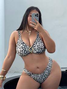 Swim SXY Plus Size Women 2-Piece Sexy Leopard Print Gold Ring Decor V-Neck Adjustable Strap Bikini Swimwear, Vacation - Multicolor - View 1