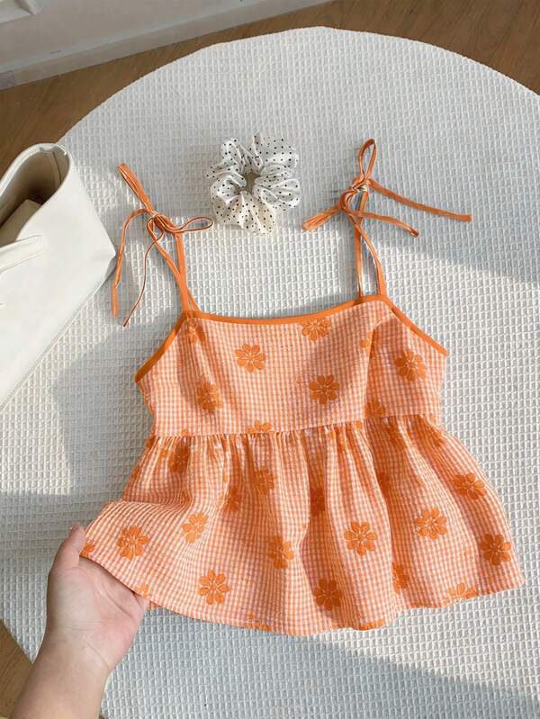 GlowEve Women's Gingham Floral Embroidered Top,Camisole For Women