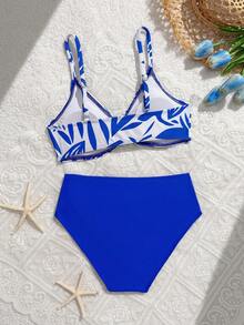Tween Girl Blue Leaf Print Summer Vacation Bikini Set - Blue - View 2