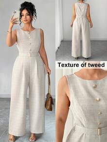 Mono elegante sin mangas para mujer con decoración de botones y cinturón, traje de tweed de alta calidad estilo mono de una pieza, casual para la oficina, citas, salidas - Gris Claro - Ver 8