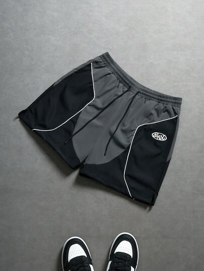 Manfinity Hypemode Men's Contrast Color Patchwork Letter Print Drawstring Waist Shorts