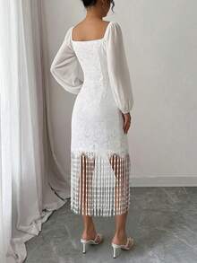 Modelyn 女士白色蕾丝流苏设计优雅时尚中长连衣裙，适合外出和约会 - 白色 - 查看 2