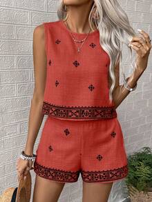 SHEIN LUNE Women's Summer Vacation Graphic Print Tank Top And Shorts 2 Pieces Set - Red - View 6