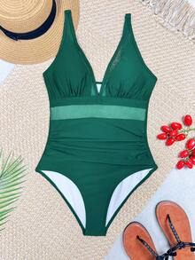 SHEIN Swim Summer Vacation Beach Contrast Mesh Deep V-Neck Ruffle One-Piece Swimsuit - Dark Green - View 3
